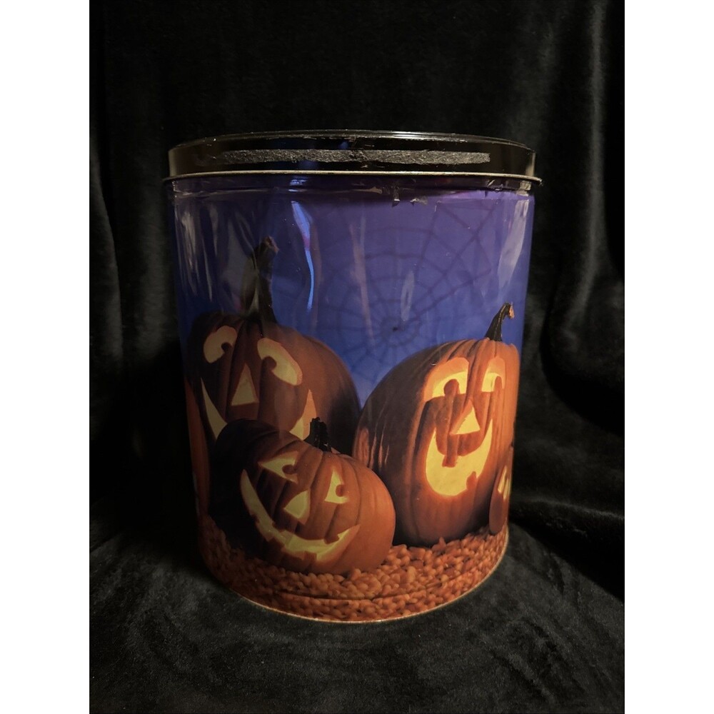 Vintage 80s Houston Harvest Halloween Pumpkin Popcorn Collectible Tin w/ Lid